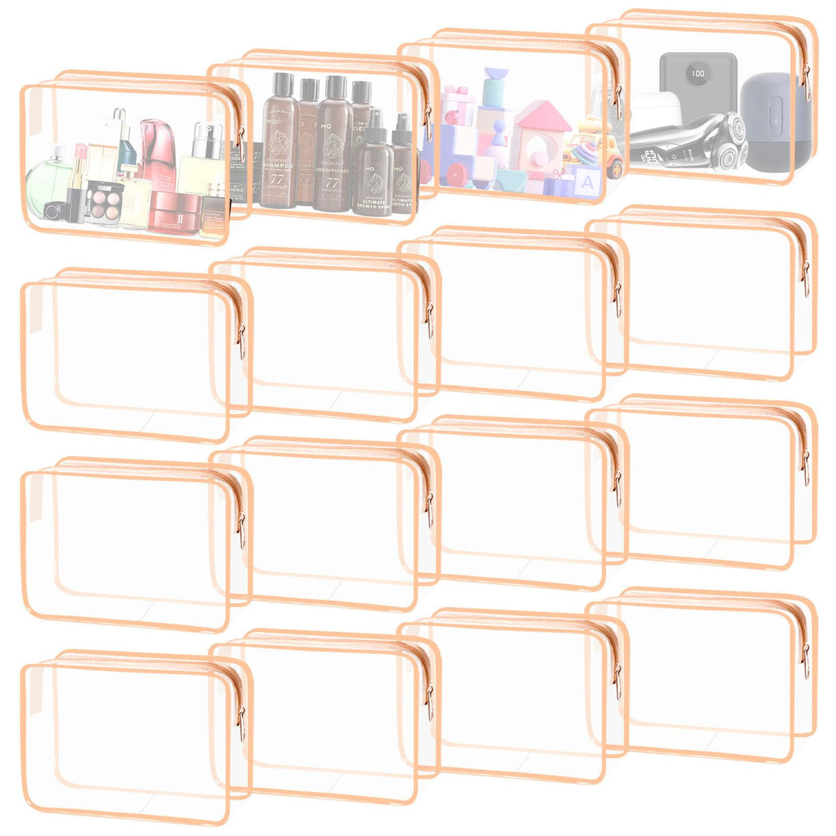 16 Pieces Clear Makeup Bags Bulk, TSA Approved Toiletry Bag for Travel, PVC Waterproof Travel Pouches Clear Pouch with Zipper for Men and Women Carry-on Travel Essentials Cosmetic Bags (Orange)