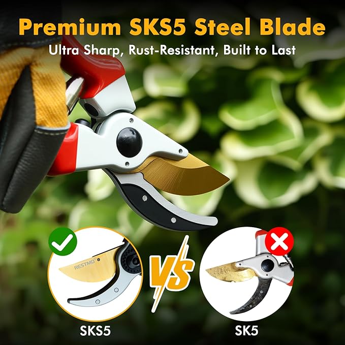 RESTMO Pruning Shears, 8.6 Inch, Titanium Blade, Bypass, Red