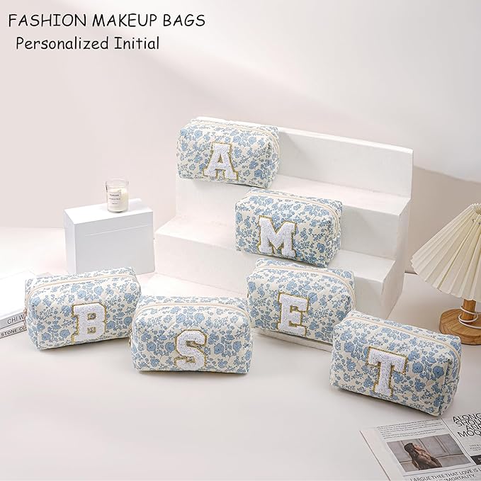 Gleyemor Personalized Initial Makeup Bag for Women, Cute Quilted Blue Floral Cotton Cosmetic Bag, Christmas Gifts for Her Mom Friend Sister Bridesmaid Teacher Women C