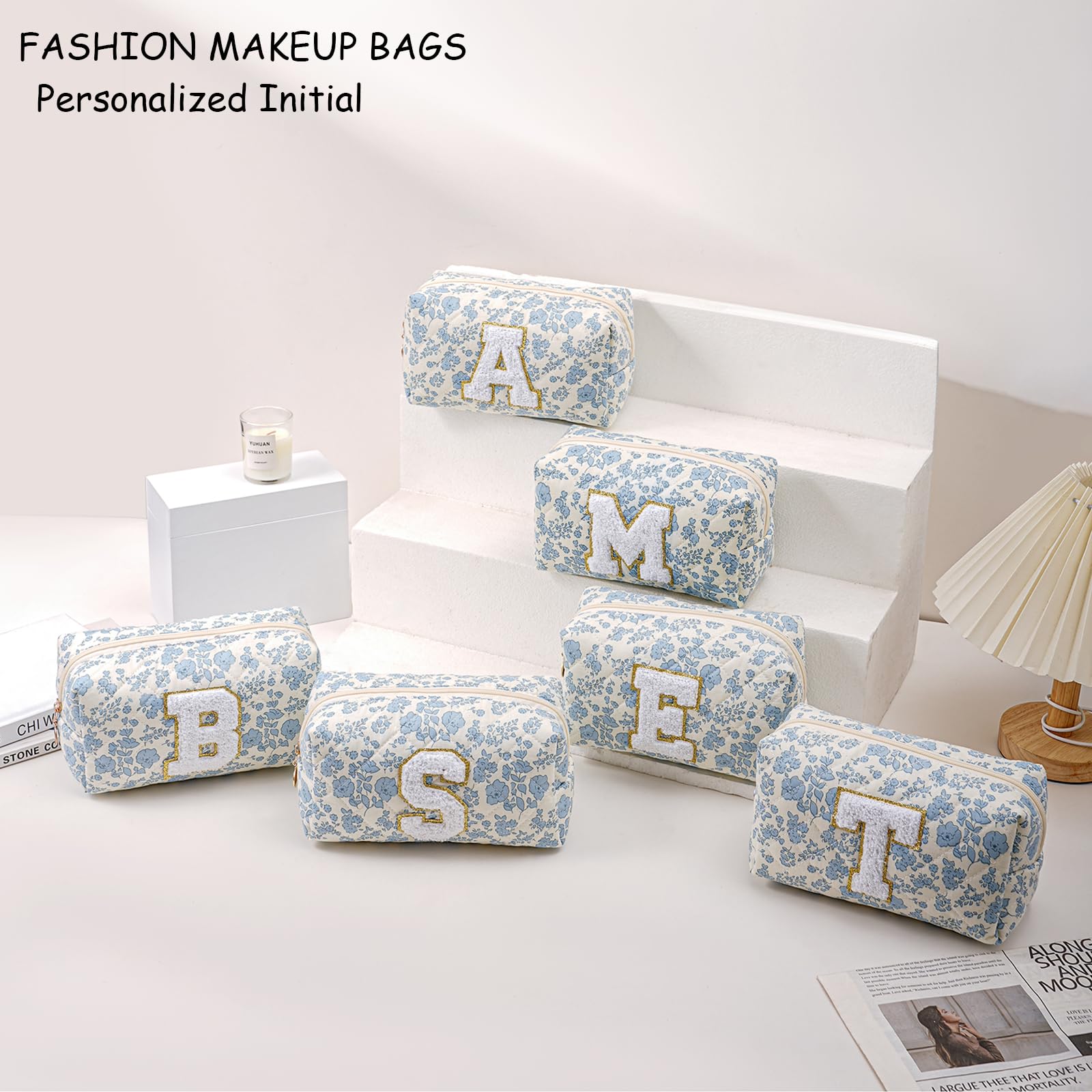 Gleyemor Personalized Initial Makeup Bag for Women, Cute Quilted Blue Floral Cotton Cosmetic Bag, Christmas Gifts for Her Mom Friend Sister Bridesmaid Teacher Women J