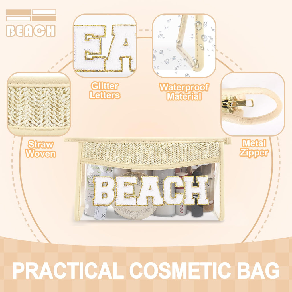 Small Boho Straw Clear Beach Makeup Bags for Women&Girls, Zipper Cosmetic Bag Chenille Varsity Letter Patch Bag, Preppy Cute Toiletry Pouch, Trendy Organizer Storage Bag for Beach Travel Essentials