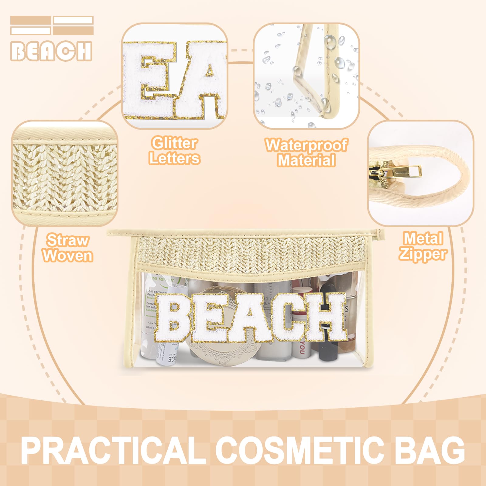 Small Boho Straw Clear Beach Makeup Bags for Women&Girls, Zipper Cosmetic Bag Chenille Varsity Letter Patch Bag, Preppy Cute Toiletry Pouch, Trendy Organizer Storage Bag for Beach Travel Essentials