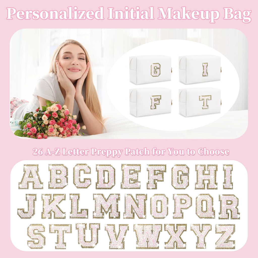 Small Travel Initial Preppy Makeup Bag, Personalized Black Cute Cosmetic Zipper Pouch Chenille Letter Travel Toiltery Bag, Waterproof PU Leather Makeup Case Storage Gift for Mom Women Female(Letter M)