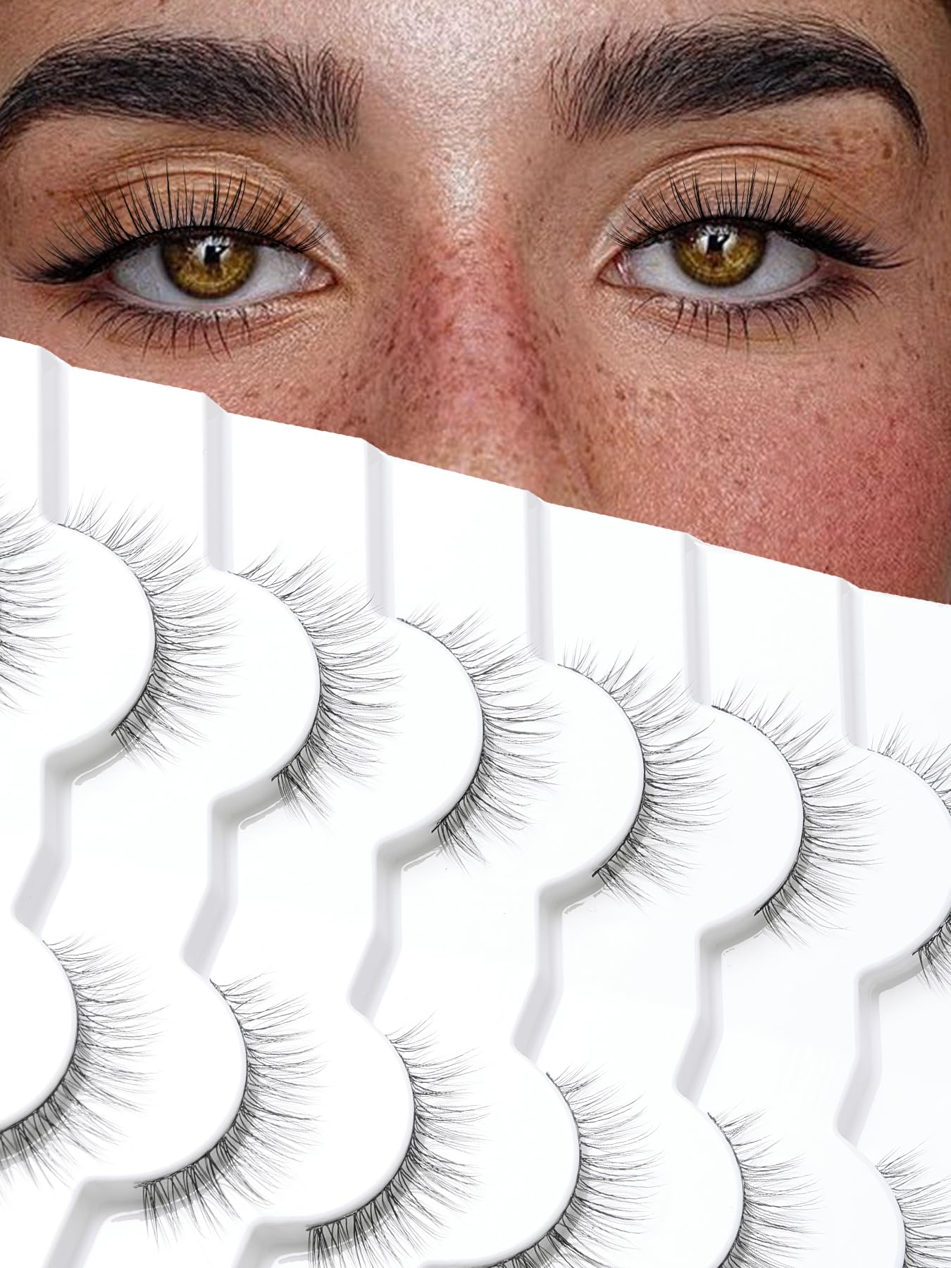 Natural Lashes Eyelashes Wispy 10MM Short Lashes Thin Band Strip Lashes 3D Volume Lashes False Eyelashes C Curl Soft Lash Pack 7 Pair Siligli