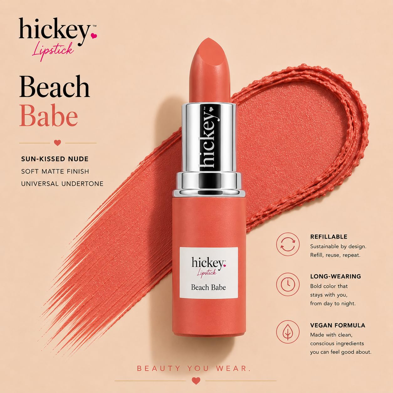 Hickey Lipstick Refill – Beach Babe (Coral), Hydrating Jojoba Oil, Vegan