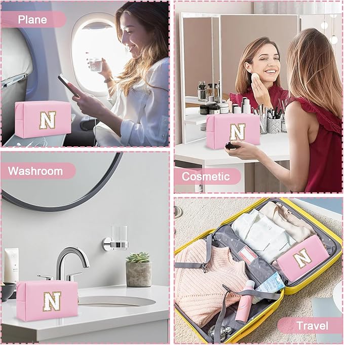 Chenille Letter Personalized Initial Preppy Makeup Bag, Small Travel Cute Pink Cosmetic Zipper Pouch Toiletry Bags, Waterproof PU Monogram Make Up Organizer Gift for Nurse Nieces Teacher(Letter N)