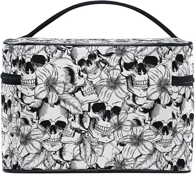 MNSRUU Goth Skull Makeup Bag, Gothic Skull Flowers Makeup Organizer Bags Toiletry Bag Box Travel Cosmetic Bag Make Up Train Case for Women Teen Girl Ladies