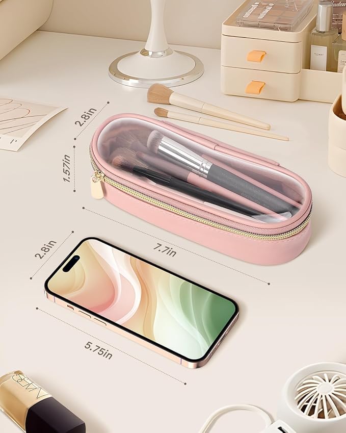 Soimeat Clear Travel Makeup Brush Holder, Leather Makeup Brush Toiletry Bag, Portable Cosmetic Brush Case, Transparent Waterproof Makeup Brush Storage Bag, Pink