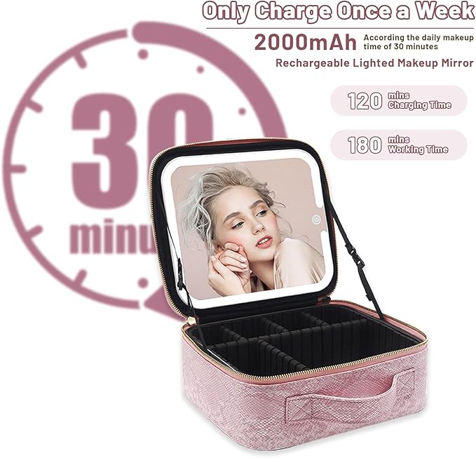 PRALENA Travel Makeup Bag with LED Mirror – 3 Brightness Modes, Portable Lighted Makeup Case with Adjustable Dividers, Cosmetic Organizer Gift for Women (Pink)