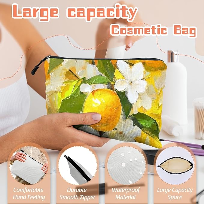Scribesense Cosmetic Bags Travel Makeup Toilet Case Waterproof Pouch for Women Girls 6.7X9.45inches - Oil Painting of Lemons And White Flowers