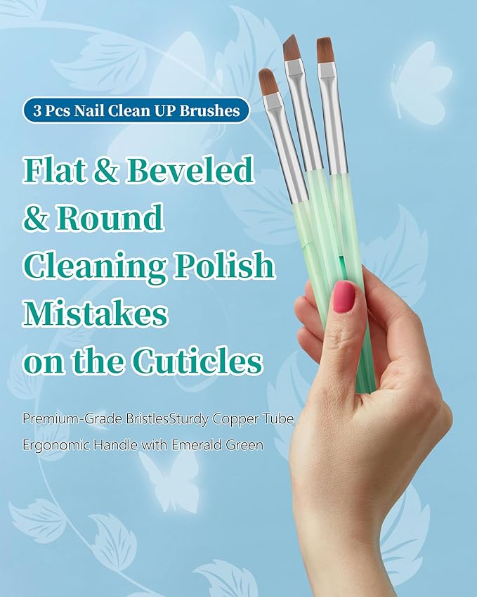 AMilHiTon 3PCS Nail Polish Clean Up Brush, Round/Flat/Angled, Emerald Green
