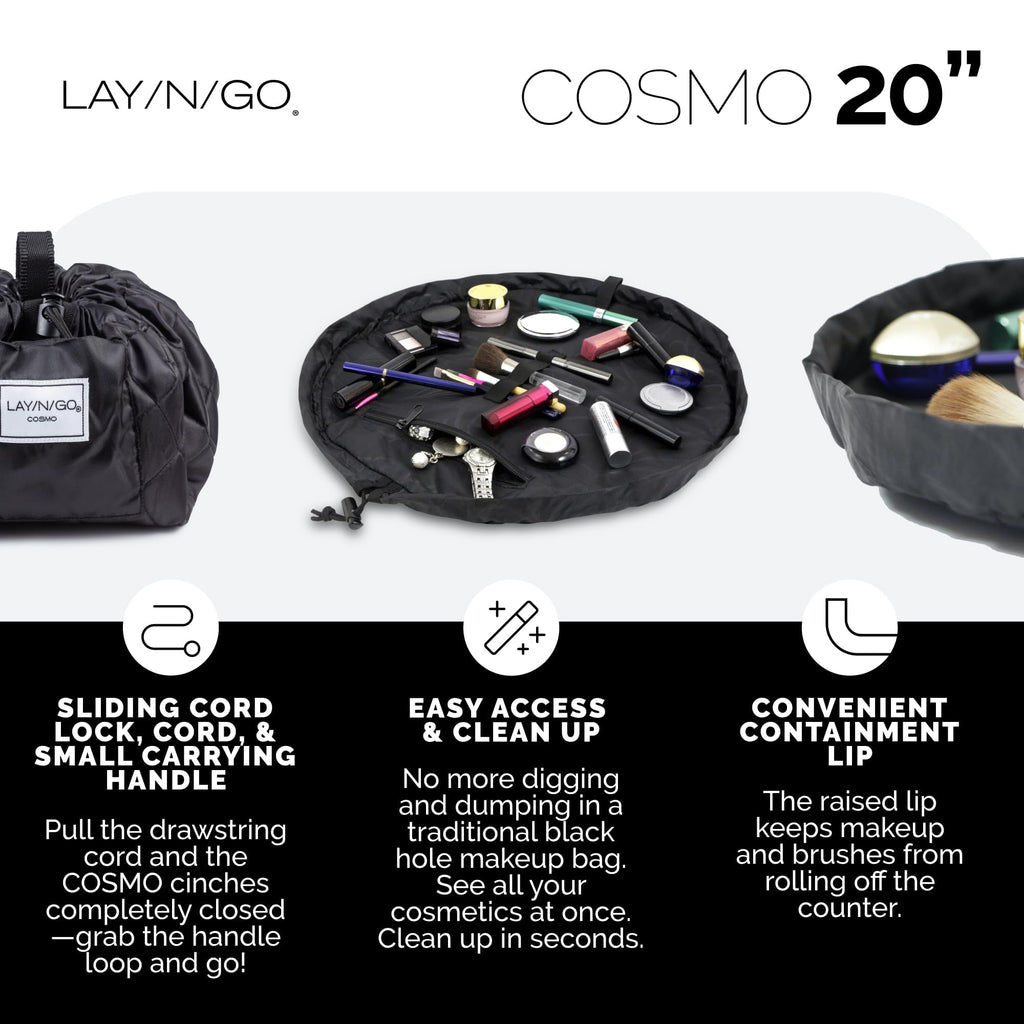 Lay-n-Go Cosmo Layflat Drawstring Cosmetic & Makeup Bag Organizer w/Zipper Pocket, Brush Loops & More, Cinch to Close, Lay Flat to Use, Durable, Machine Wash, Travel Toiletry Bag (20", Navy)