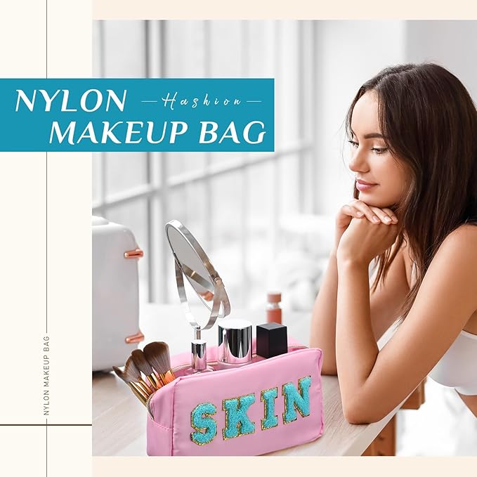 Cunno Preppy Makeup Bags Chenille Letter Stuff Bag Nylon Cosmetic Pouch Cases with Zipper for Women Travel Toiletry(Light Color,Vivid,4 Pcs)
