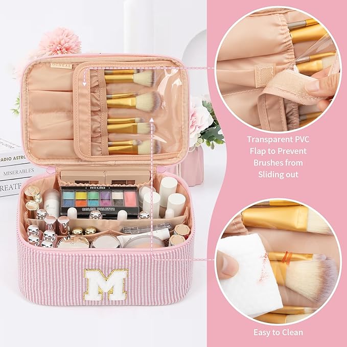 OCHEAL Makeup Bag for Women, Monogram Cosmetic Bag Pink Travel Makeup Case Beauty Toiletry Bag Organizer Personalized Gifts for Girls Bridesmaid, Sister, Wife, Friends Initial M