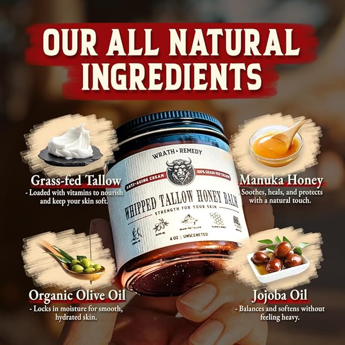 Organic Beef Tallow for Skin & Face - Whipped Honey Balm, Pack of 3 (4 OZ)