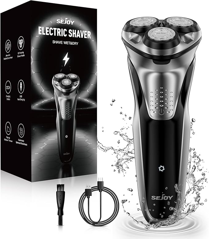 Sejoy Men's Electric Shaver, Men's Shaver, Men's Beard Shaver, Wireless Electric Shavers, IPX7 Waterproof, with Pop-Up Trimmer, 80,000 Power: 1 Hour Fast Charging-3D Floating Head, Black