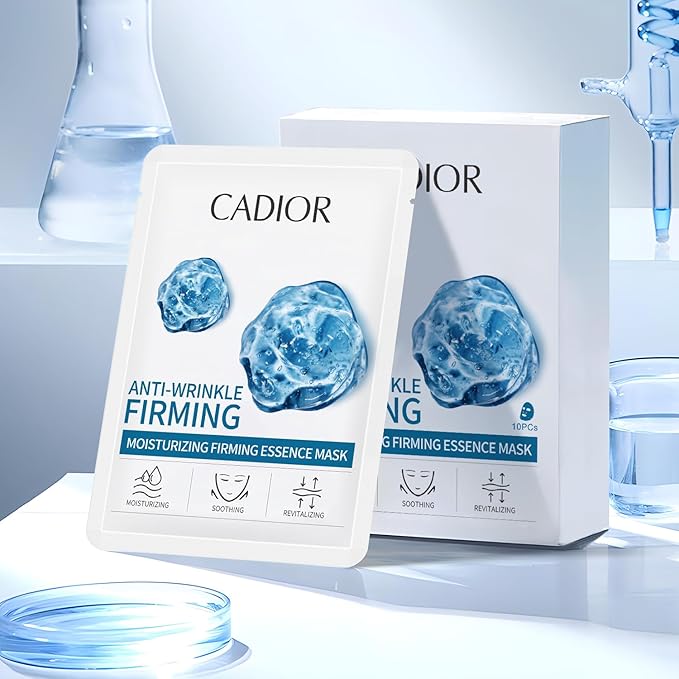 CADIOR Hydrating and Firming Essence Sheet Face Masks with Quadruple Peptide and Sodium Hyaluronate, Moisturizing & Anti-Wrinkle, Safe for Sensitive Skin, Pack of 10