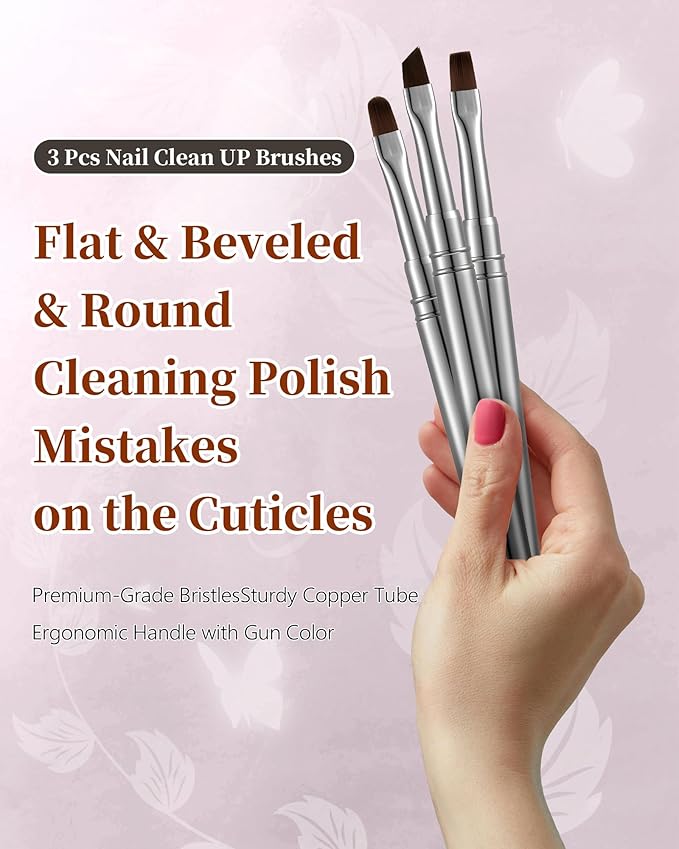 AMilHiTon 3PCS Nail Polish Clean Up Brush, Round/Flat/Angled, Gun Color