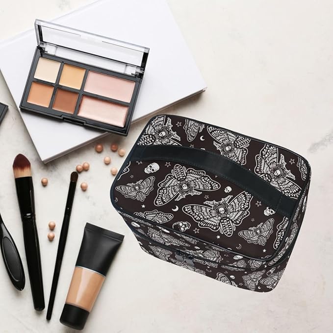MNSRUU Makeup Bags, Gothic Moth Skull Moon Esoteric Makeup Organizer Bags Toiletry Bag Box Travel Cosmetic Bag Make Up Train Case for Women Teen Girl Ladies