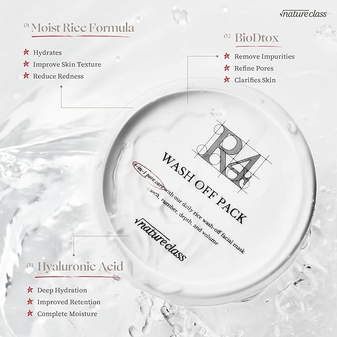 NATURECLASS R4 Rice Wash Off Facial Mask – 4-in-1 Korean Skin Care, Pore Refining, Gentle Exfoliating, Hydrating, Smooth Texture, Rice Ferment & Enzyme, Soft Cream Wash-Off, 3.38 fl oz