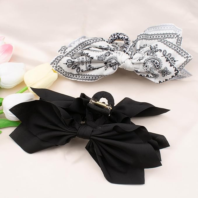 Hadutrek Bow Claw Clips Bow Hair Clips Black White Paisley 2PCS Big Hair Bows for Women Butterfly Styling Large Hair Clips for Thick Hair for Girls Hair Accessories for Teen Gifts for Ladies