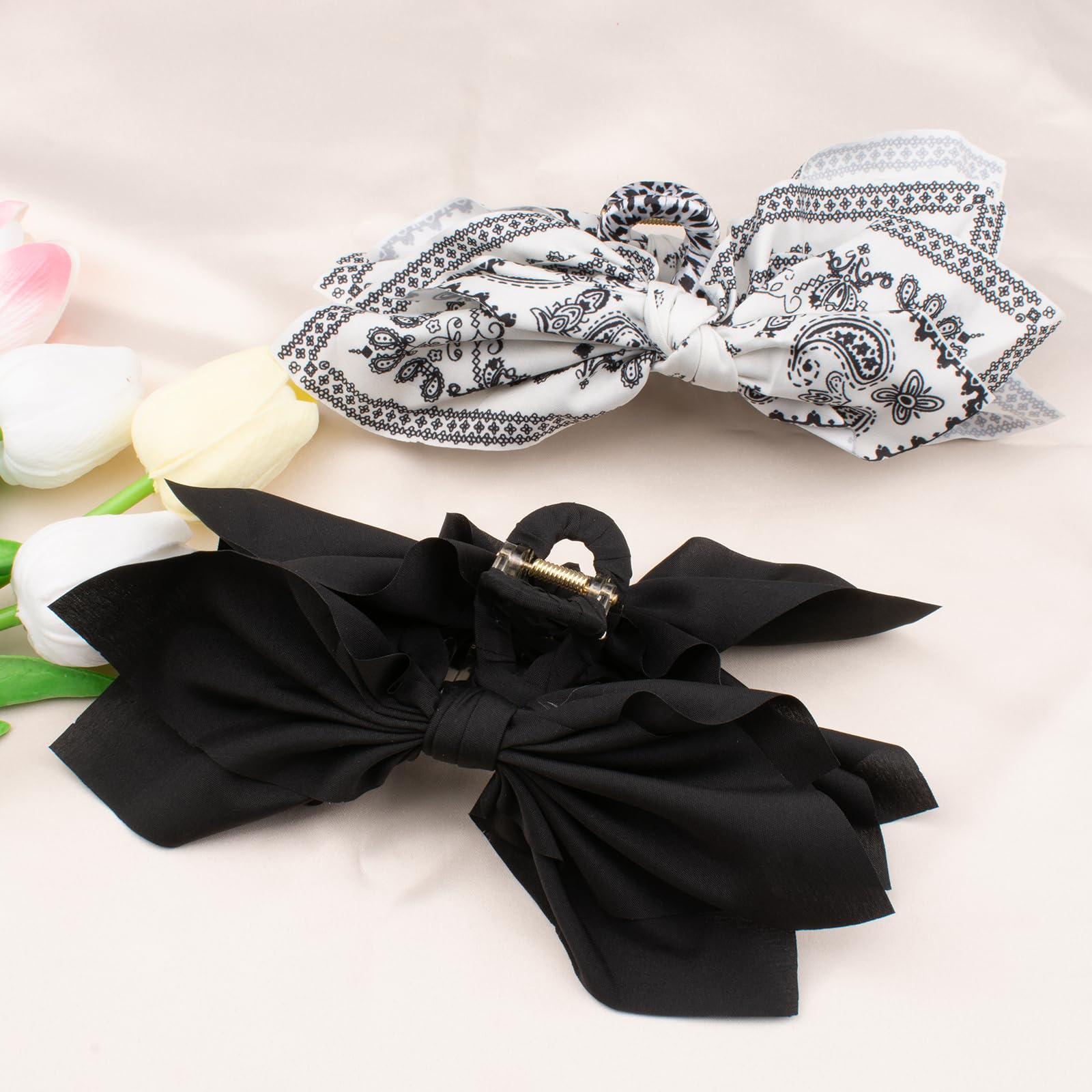 Hadutrek Bow Claw Clips Bow Hair Clips Black White Paisley 2PCS Big Hair Bows for Women Butterfly Styling Large Hair Clips for Thick Hair for Girls Hair Accessories for Teen Gifts for Ladies