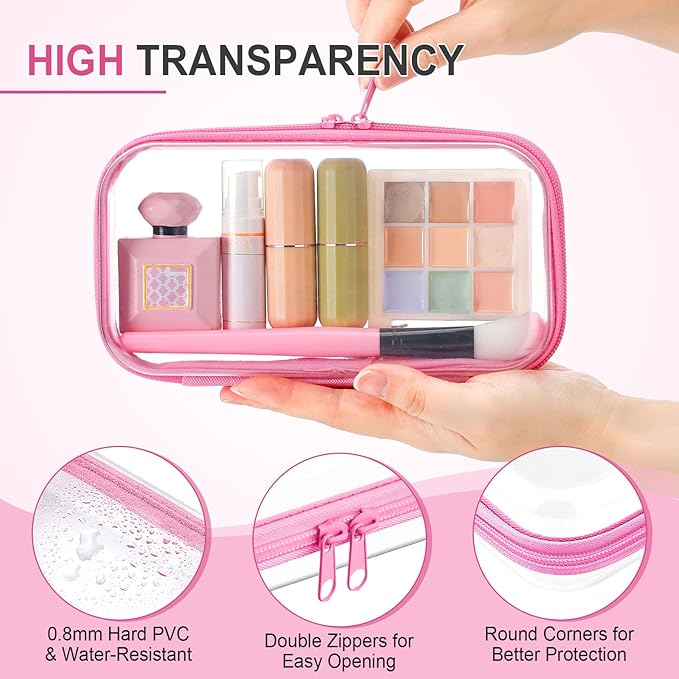 Hoolerry 4 Pcs Hard Clear Zipper Case Makeup Bags Plastic Zipper Pouch Transparent Storage Box Containers for Cosmetics, Snacks, Building Blocks, Puzzles(Clear,7.5 x 3.9 x 2 in,Pink)