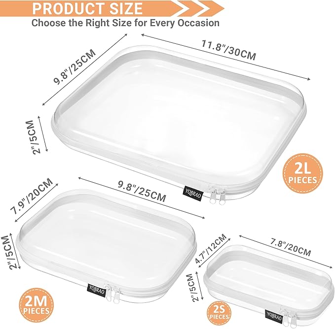 YQBRAO 6 Pack Clear Hard Shell Zipper Case, 1.2mm Heavy Duty Crush-Proof Diaper Bag Organizer Pouches, TSA Approved Travel Makeup Bag for Toiletries & Electronics, (2L, 2M, 2S) Multi-Size Storage Set