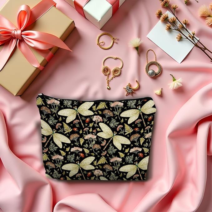 SAFDSGFDB Vintage Floral Dragonfly Makeup Bag, Dragonfly Gifts Cosmetic Bags for Women, Dark Cottagecore Floral Botanical Insects Portable Travel Toiletry Bag Zipper Makeup Pouch