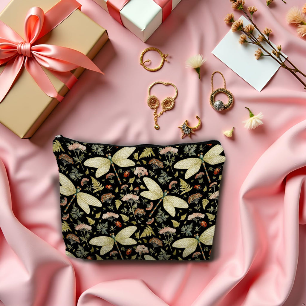 SAFDSGFDB Vintage Floral Dragonfly Makeup Bag, Dragonfly Gifts Cosmetic Bags for Women, Dark Cottagecore Floral Botanical Insects Portable Travel Toiletry Bag Zipper Makeup Pouch