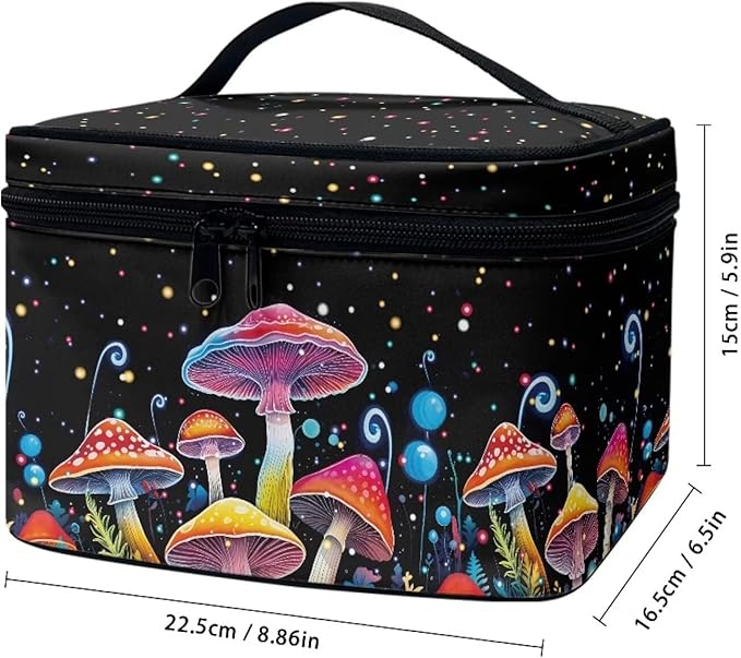 Drydeepin Colorful Mushrooms Pattern Makeup Bag Travel Cosmetic Bag with Zipper and Handle Portable Large Capacity Toiletry Case for Women Ladies Travel Accessories