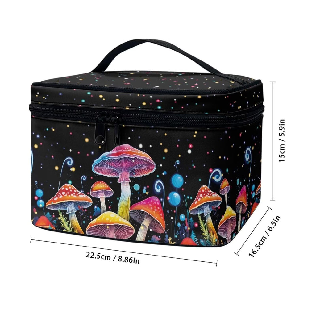 Drydeepin Colorful Mushrooms Pattern Makeup Bag Travel Cosmetic Bag with Zipper and Handle Portable Large Capacity Toiletry Case for Women Ladies Travel Accessories