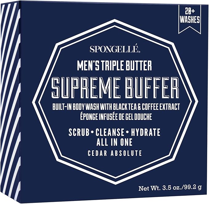 Spongellé Men's Supreme Buffer, Cedar Absolute | 20+ Washes | Body Wash Infused Exfoliating Body Scrubber | Loofah Sponge For Men | Gift for Father's Day, Vegan, Dermatologist-Tested, Made in USA