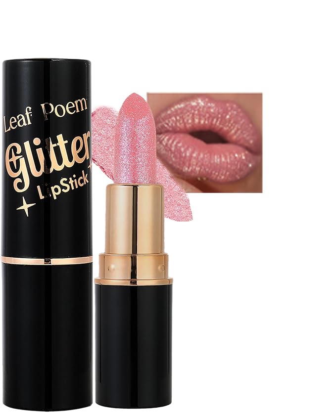 Metallic Pink Glitter Lipstick for Women,Diamond Nude Shimmer Lip Gloss,02