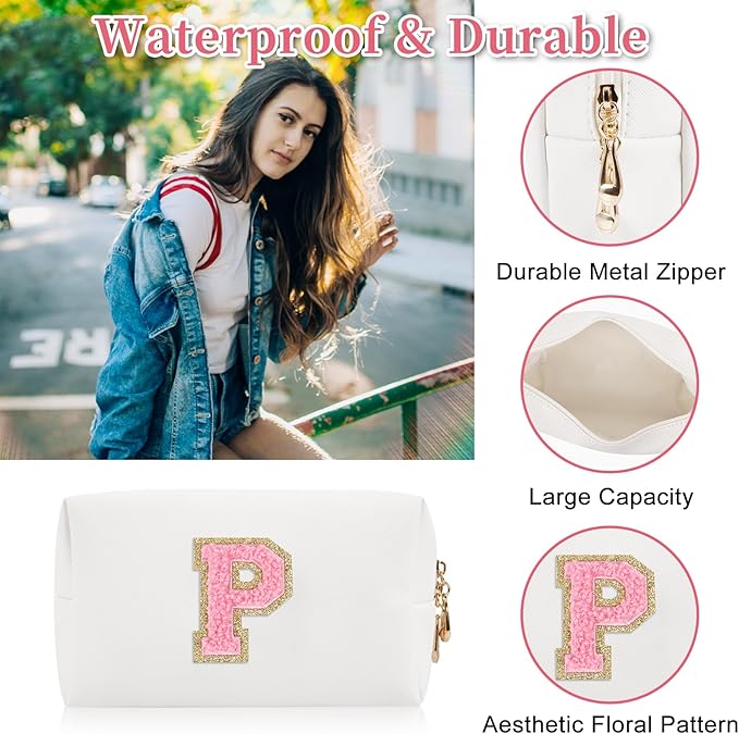 Personalized Initial Letter Patch Makeup Bag, Preppy Portable Chenille Cosmetic Bag with Zipper, PU Leather Waterproof Travel Toiletry Bag Monogram Make Up Pouch for Women Girls