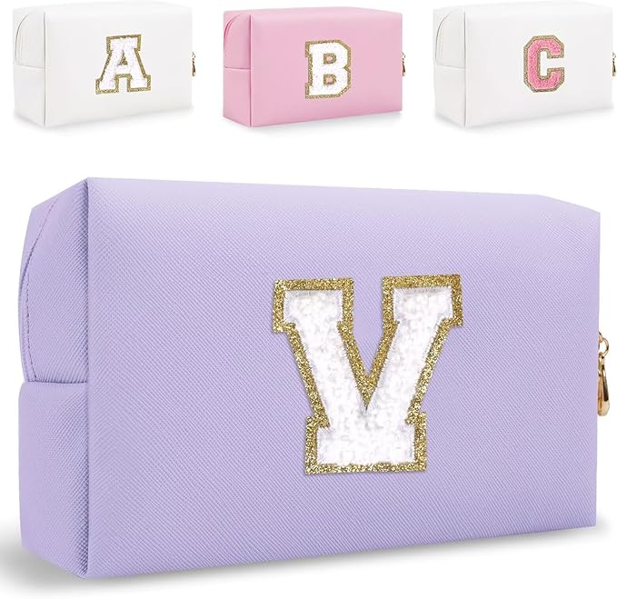 HENGNI Small Personalized Letter Makeup Bag, Cute PU Leather Chenille Letters Cosmetic Bag Travel Makeup Pouch, Preppy Travel Organizer Zipper Pouch for Women&Girls（Purple-V）
