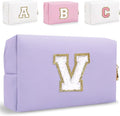 HENGNI Small Personalized Letter Makeup Bag, Cute PU Leather Chenille Letters Cosmetic Bag Travel Makeup Pouch, Preppy Travel Organizer Zipper Pouch for Women&Girls（Purple-V）