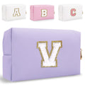 HENGNI Small Personalized Letter Makeup Bag, Cute PU Leather Chenille Letters Cosmetic Bag Travel Makeup Pouch, Preppy Travel Organizer Zipper Pouch for Women&Girls（Purple-V）