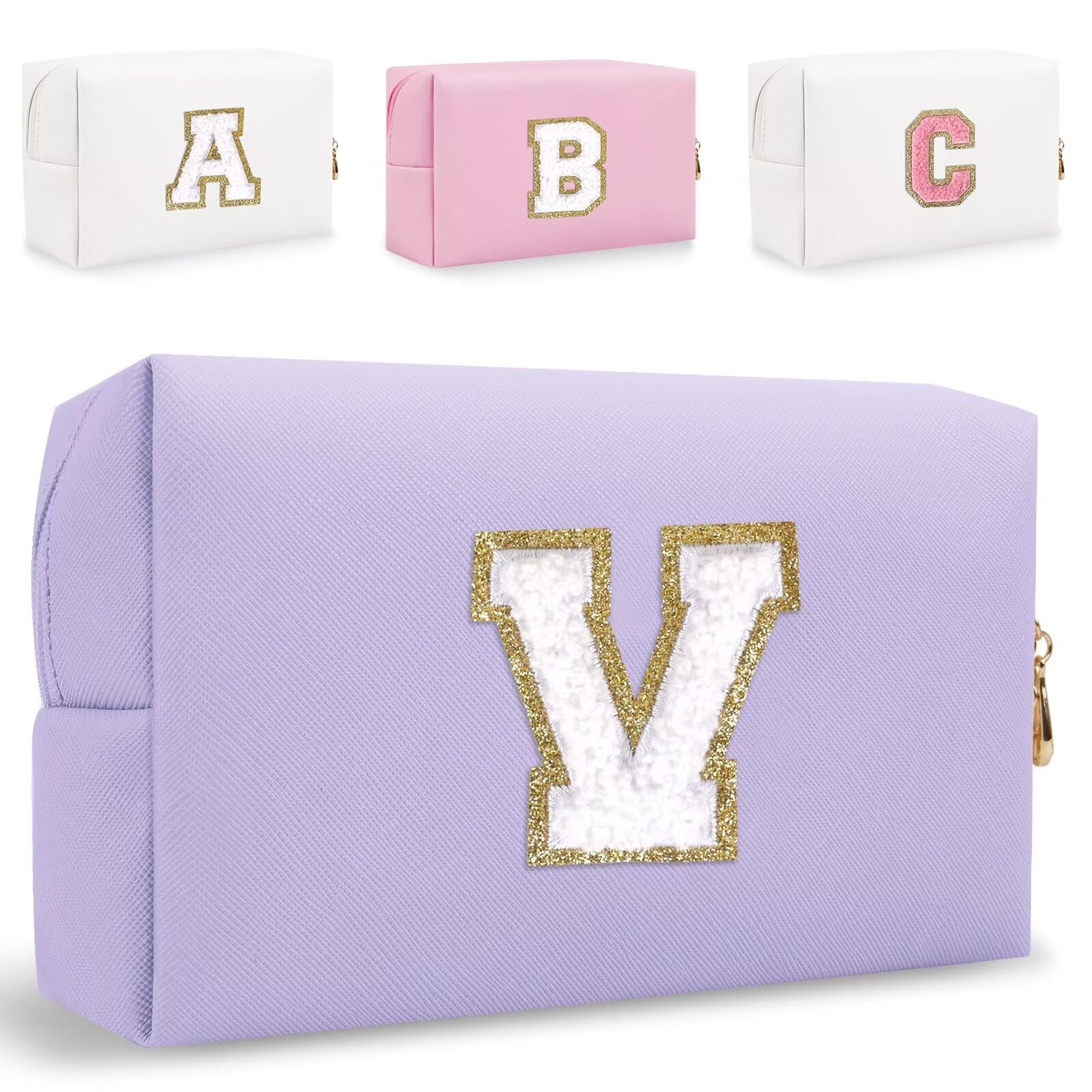 HENGNI Small Personalized Letter Makeup Bag, Cute PU Leather Chenille Letters Cosmetic Bag Travel Makeup Pouch, Preppy Travel Organizer Zipper Pouch for Women&Girls（Purple-V）