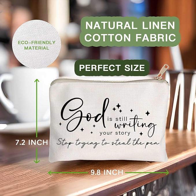 HubbgDesign God is Still Writing Your Story Travel Bag Funny Christian Women of the Bible Makeup Bag Bible Quote Christian Quotes Scripture Makeup Pouch Linen Cotton Bag