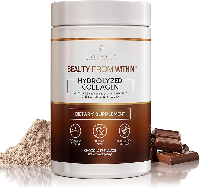 VITASEI Hydrolyzed Collagen Peptide Powder Drink – Chocolate Flavored, 16oz