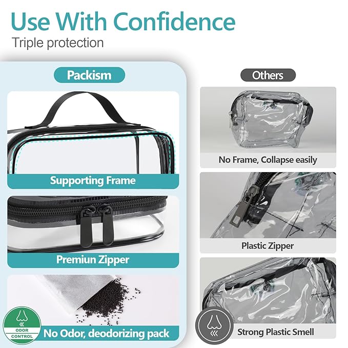 PACKISM Clear Makeup Bag Travel - TSA Approved Toiletry Bag, 2 Pack Black