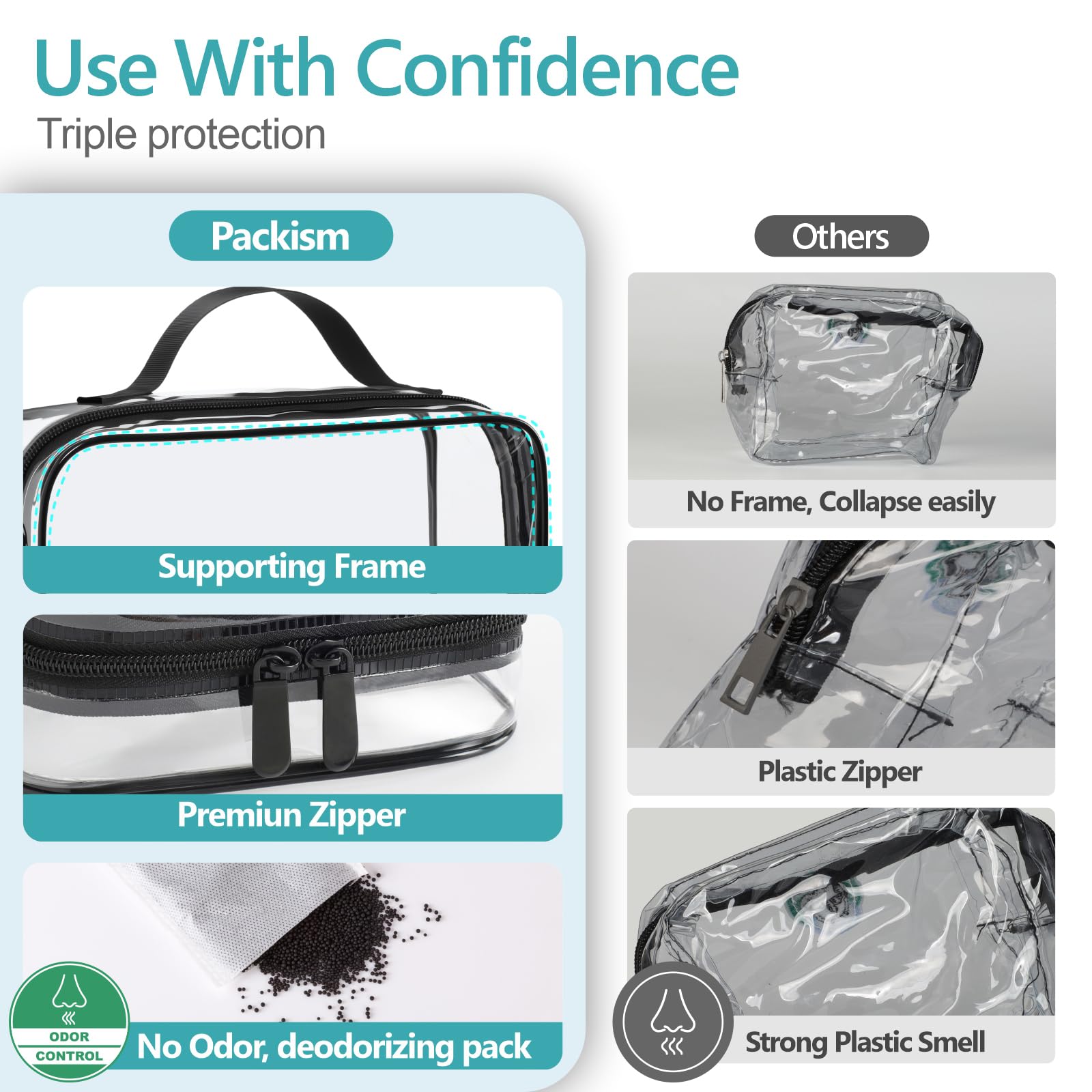 PACKISM Clear Makeup Bag Travel - TSA Approved Toiletry Bag, 2 Pack Black