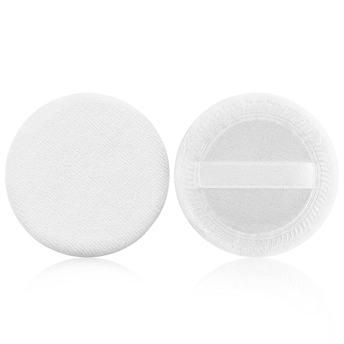 Sibba Powder-Puff 2PCS Cotton Cosmetic Face Makeup Velour Powder Pads with Ribbon for Loose and Foundation Round White Dry Puff Suitable for Eyeshadow Blush Concealer and etc.