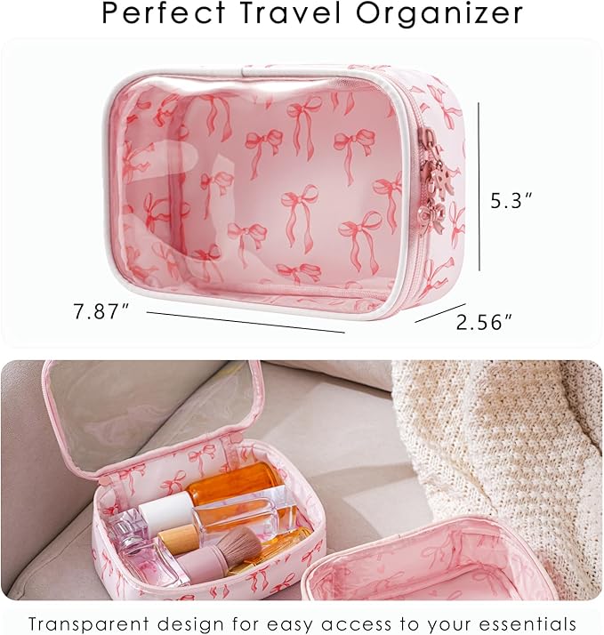 RSRSLEII Cute Clear Makeup Bag with Bow Patten,Transparent Nylon Travel Cosmetic Case with Zipper,Portable Makeup Organizer Pouch for Essentials(05Pinkbow-white)