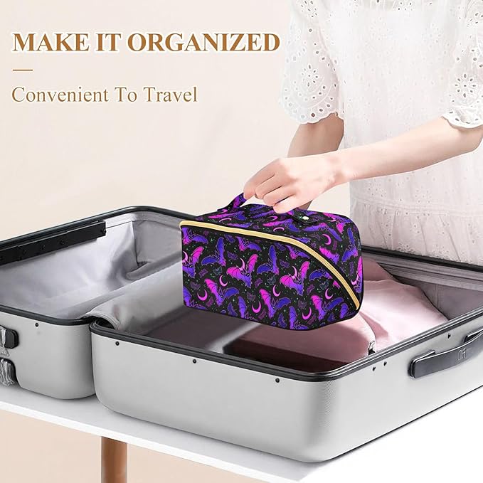 MNSRUU Makeup Organizer Bag, Purple Bat Gothic Travel Makeup Bags Makeup Vanity Case Large Capacity Rhombus Cosmetic Toiletry Bag for Girl Women Ladies