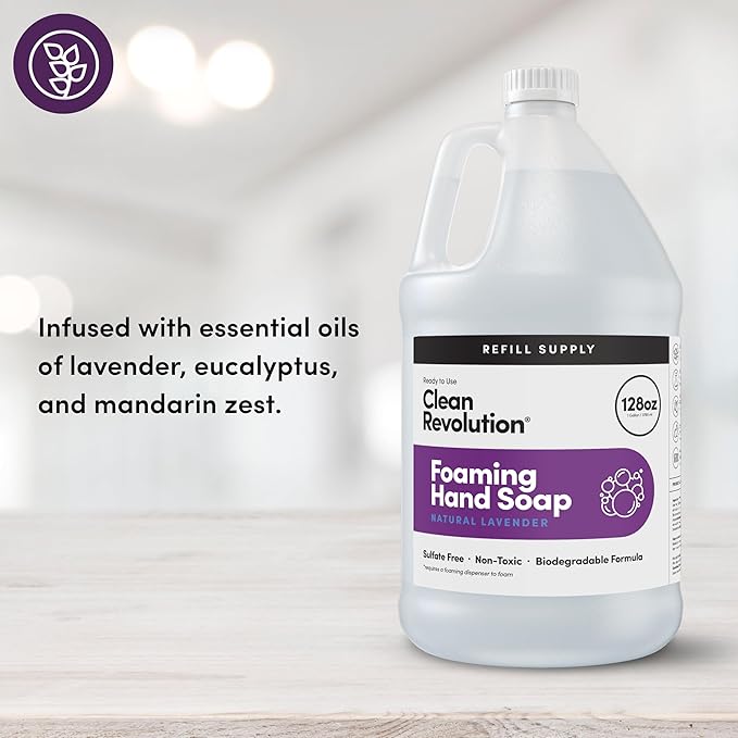 Clean Revolution Foaming Hand Soap Refill with Real Essential Oils, Moisturizing Sulfate-Free Hand Soap, Ready-to-Use Foam Soap Refill for Kitchen & Bathroom, Natural Lavender (128oz, 4 Pack)