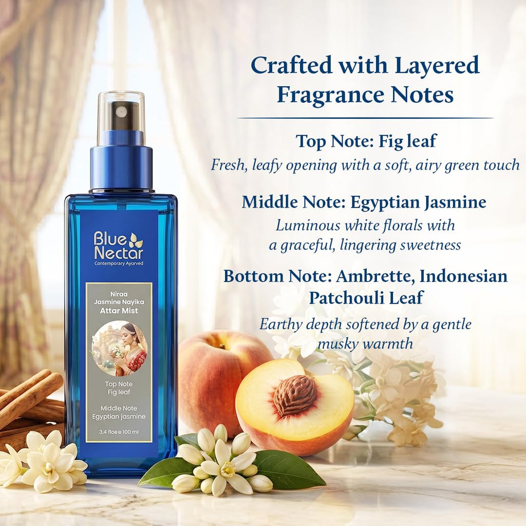 Blue Nectar Niraa Jasmine Nayika Body Attar | Perfume Mist for Women | Long-Lasting Jasmine Attar with Fig Leaf | Floral Body Mist Spray | Travel-Friendly (3.38 Fl Oz)