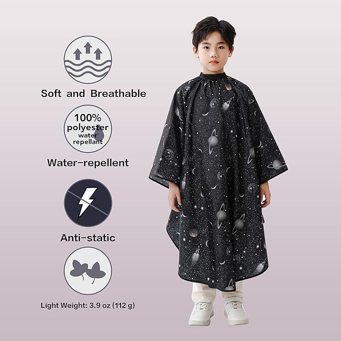 PERFEHAIR Kids Hair Cutting Cape with Sleeves, Kids Barber Cape Haircut Cape for Boy & Girls, Professional Salon or Home Hair Cut Cape-Black Space Printing