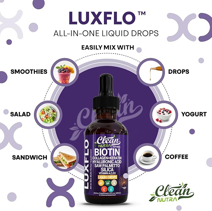 Liquid Biotin & Collagen Keratin Hyaluronic Acid Saw Palmetto Drops Vitamins for Hair Growth Support Silica Vitamin A C D Bamboo Turmeric Zinc Folate Magnesium Horsetail LuxFlo By Clean Nutra